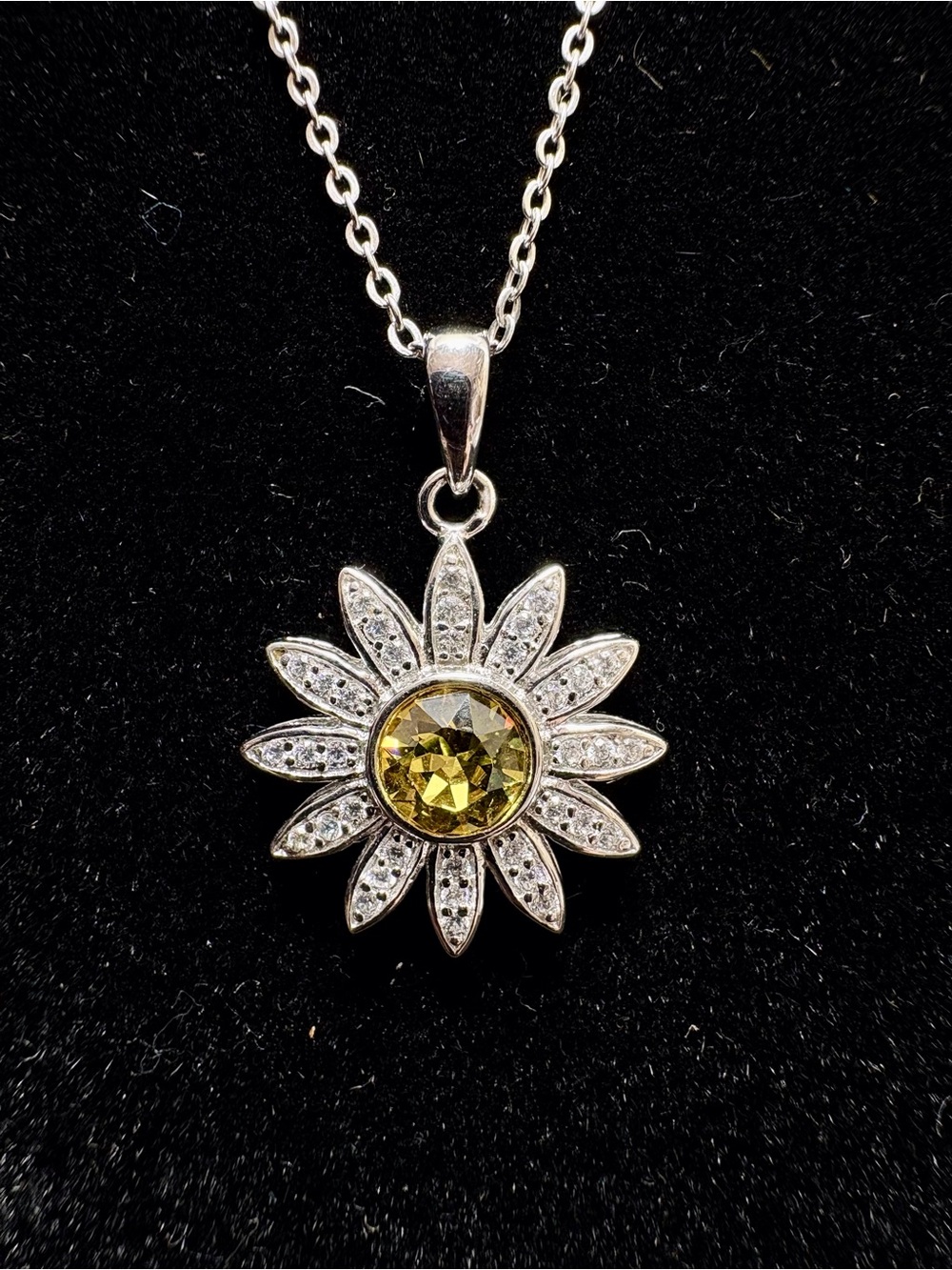 Sterling Silver Sunflower Pendant Necklace with Yellow Gem
